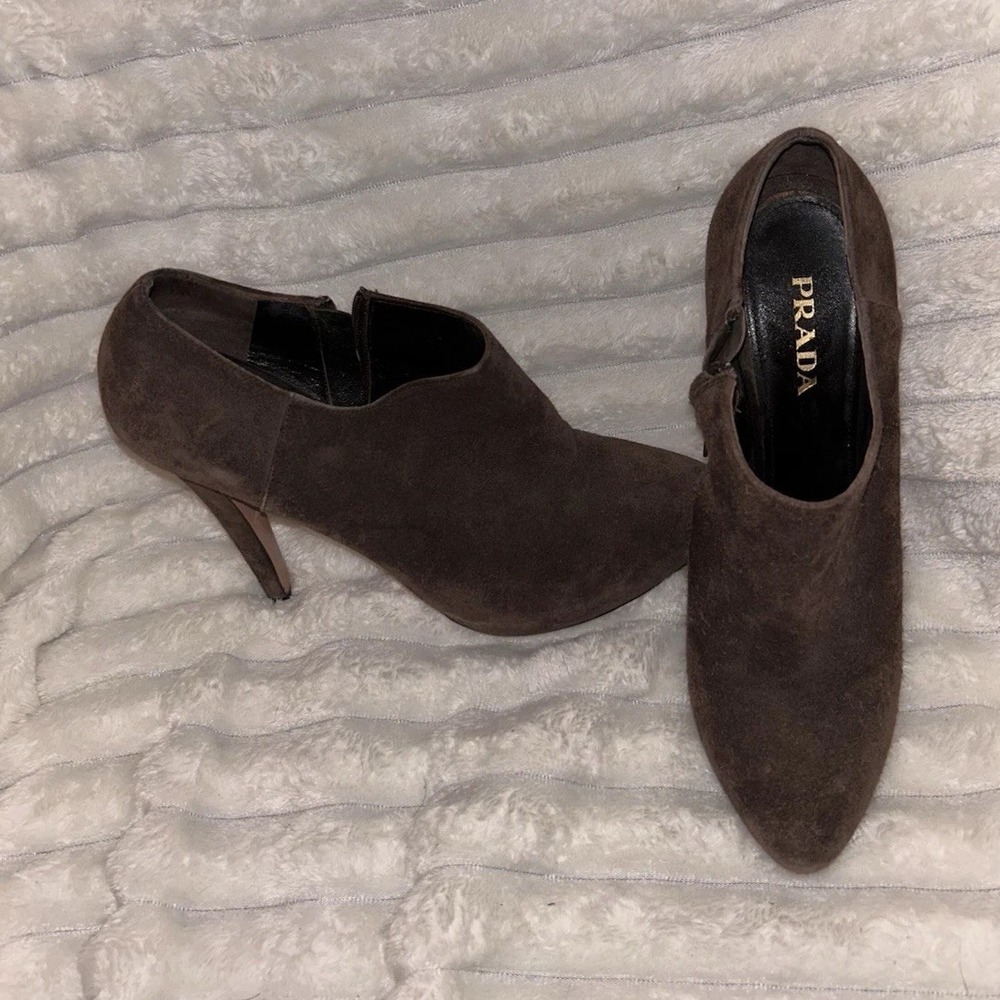 PRADA Womens Brown Suede Leather 4in Stiletto Bootie Heels EU 39.5 US 9